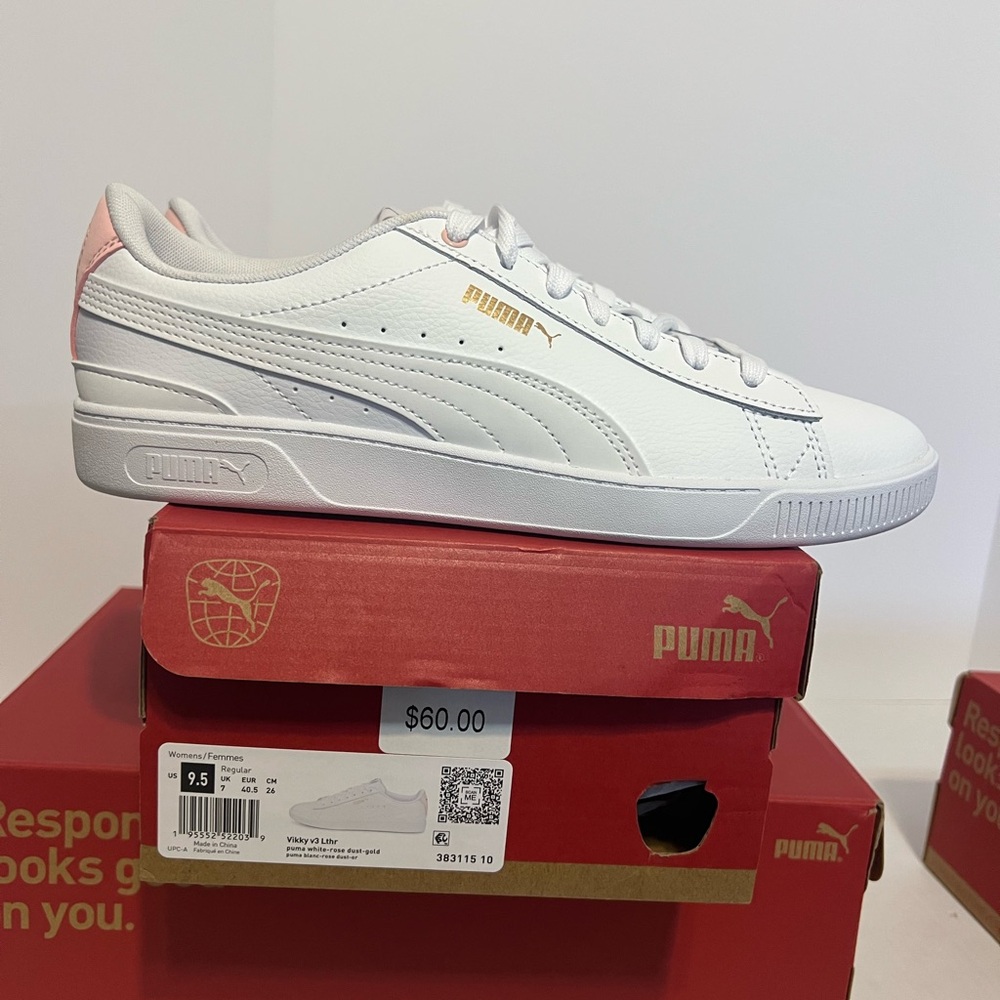 Puma Vickky v3Lthr White Sneakers with Pink Highlights